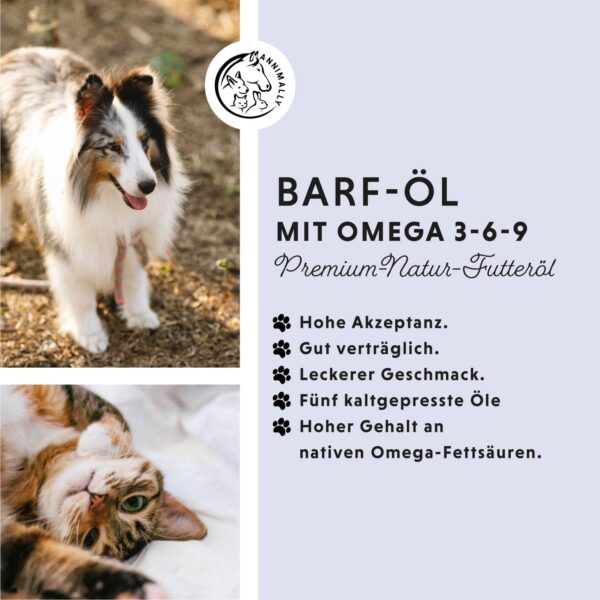 Barf Öl für Hunde 500ml Barföl mit Omega 3-6-9 aus: Lachsöl, Rapsöl, Hanföl & Borretschöl - Futteröl für Hund als Futter Topping (Barf Zusatz) – Bild 2