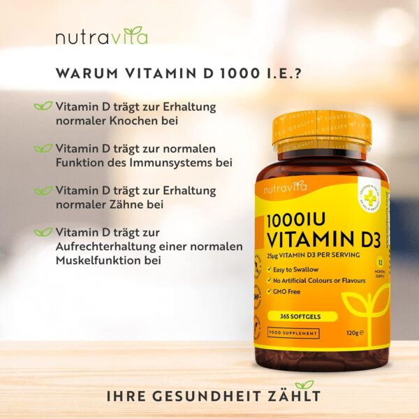 Vitamin D3 1000 I.E - 365 Kapseln - Unterstützt Knochen, Zähne, Muskeln und Immunsystem* - Vitamin D3 aus Deutschland - ohne künstlichen Zusatzstoffe - Hohe Reinheit - Hochdosiert - Premium Qualität – Bild 2