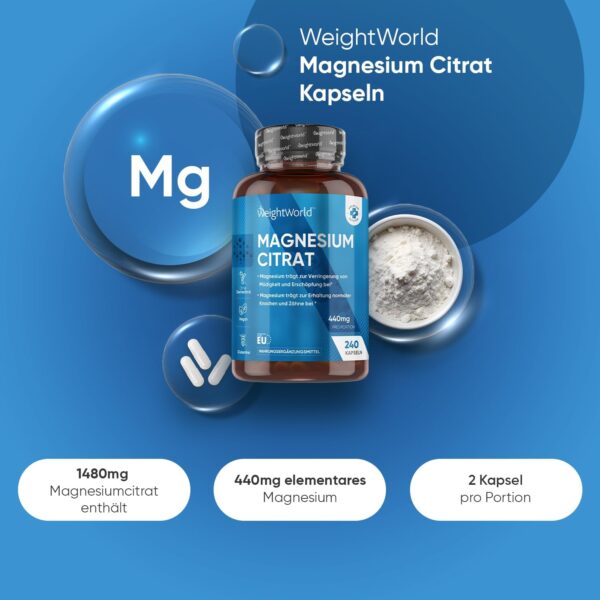 Magnesiumcitrat - 240 vegane Kapseln - 440mg Elementares Magnesium pro Portion - Magnesium trägt zur Verringerung von Müdigkeit & Erschöpfung bei (EFSA) - 4 Monate Vorrat - Glutentfrei - WeightWorld" – Bild 2