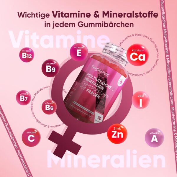 Multivitamin Gummies für Frauen - Mit Hyaluron, Nachtkerzenöl, Coenzym Q10, Folsäure, Zink, Vitamin C, B12, Biotin - Für Immunsystem, Haut & Stoffwechsel - 90 Gummibärchen - Erdbeer & Himbeergeschmack – Bild 4