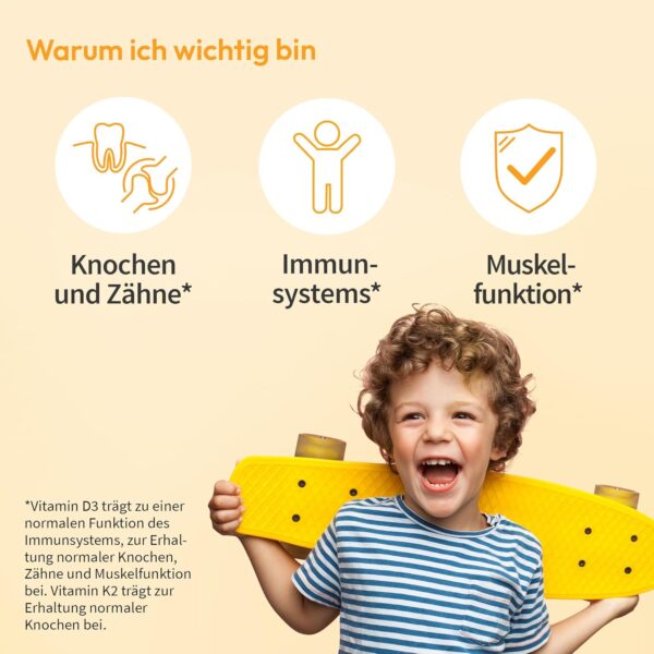 Vitamin D3+K2 für Kinder – zuckerfrei – 800 IE Vitamin D3 – mit 25 µg Vitamin K2 und 194 mg Omega-3 – 45 Mini-Kapseln (1,5 Monate) – Bild 2