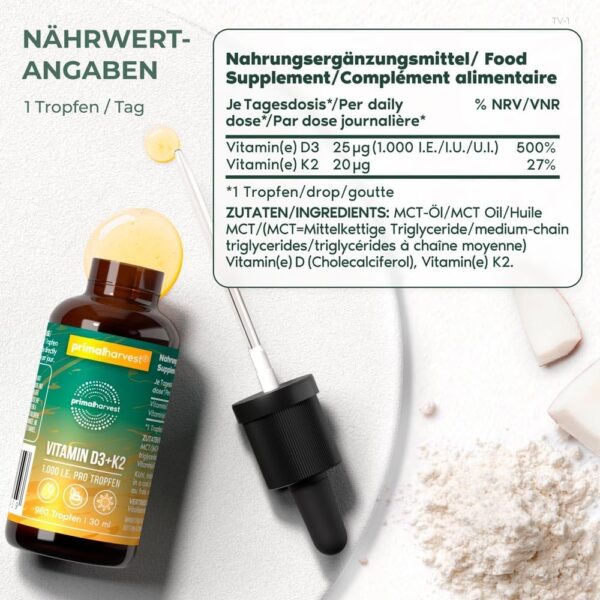 Primal Vitamin D3 & K2 Tropfen von Primal Harvest - Nahrungsergänzungsmittel-Multivitamintropfen mit MCT-Öl, flüssiges Vitamin mit Tropfflasche, für Männer und Frauen, 980 Tropfen. – Bild 2