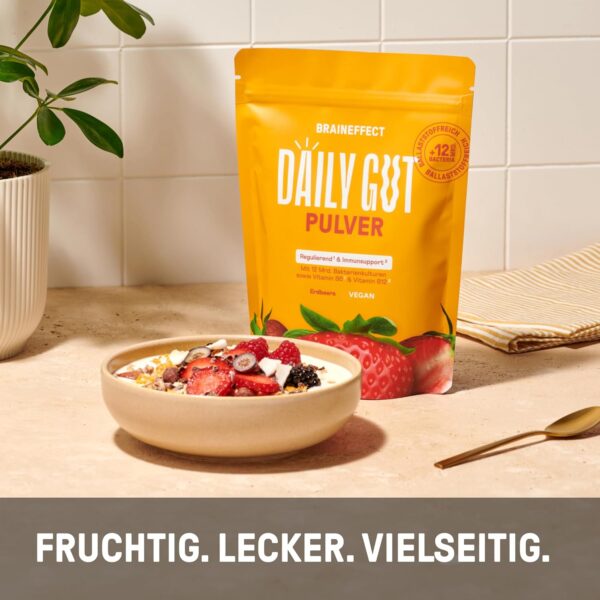 BRAINEFFECT DAILY GUT - Leckeres Bakterienstämme Getränkepulver mit Ballastoff und Vitamine B6 + B12 (1, Erdbeere) – Bild 5