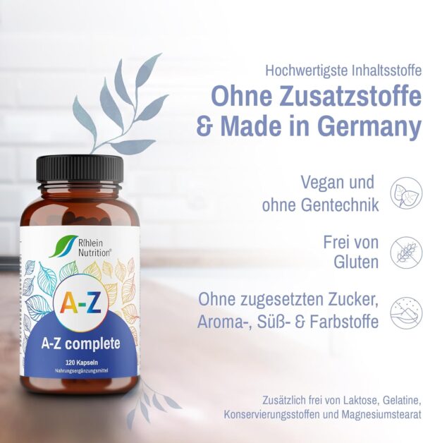 A-Z Complete - Multivitamin Kapseln Hochdosiert - Mineralien - 120 Kapseln - Zink Vitamin B Komplex Magnesium - Vegan Ohne Zusätze - in Deutschland hergestellt - Rhein Nutrition – Bild 4