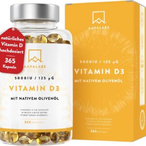 Vitamin D3 Hochdosiert Depot 5000 IU 365 Kapseln - Vitamin D3 5000 IE mit kaltgepresstem nativem Olivenöl Extra für optimale Absorption - Vitamin D Hochdosiert Ohne Gentechnik, glutenfrei, laktosefrei