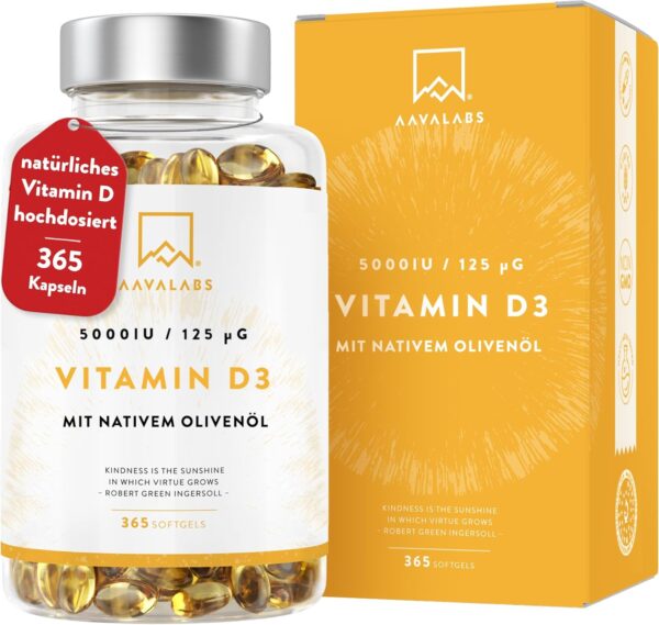 Vitamin D3 Hochdosiert Depot 5000 IU 365 Kapseln - Vitamin D3 5000 IE mit kaltgepresstem nativem Olivenöl Extra für optimale Absorption - Vitamin D Hochdosiert Ohne Gentechnik, glutenfrei, laktosefrei