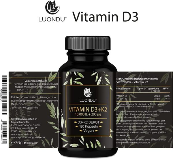 Luondu Vitamin D3 10.000 I.E + Vitamin K2 MK7 200 mcg Depot (Hochdosiert & Vegan) Vitamin D3 K2 Kapseln hochdosiert (180 Kapseln) – Bild 6
