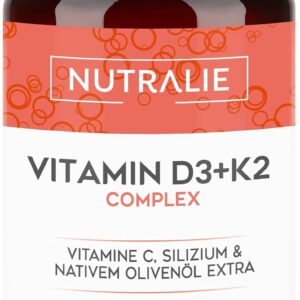 Vitamin D3 + K2 Hochdosiert - 10.000 IE Vitamin D3-99,7+% All-Trans MK7 (K2VITAL®) - Mit Vit D3 + K2 + Silizium & Olivenöl - 60 Softgels - Laborgeprüft - Nutralie