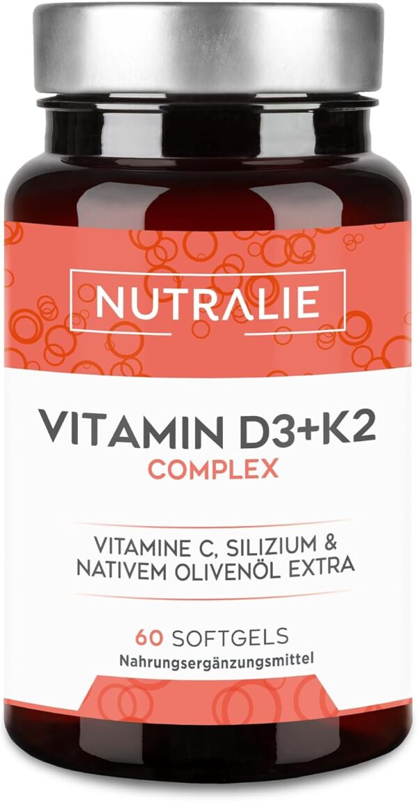 Vitamin D3 + K2 Hochdosiert - 10.000 IE Vitamin D3-99,7+% All-Trans MK7 (K2VITAL®) - Mit Vit D3 + K2 + Silizium & Olivenöl - 60 Softgels - Laborgeprüft - Nutralie