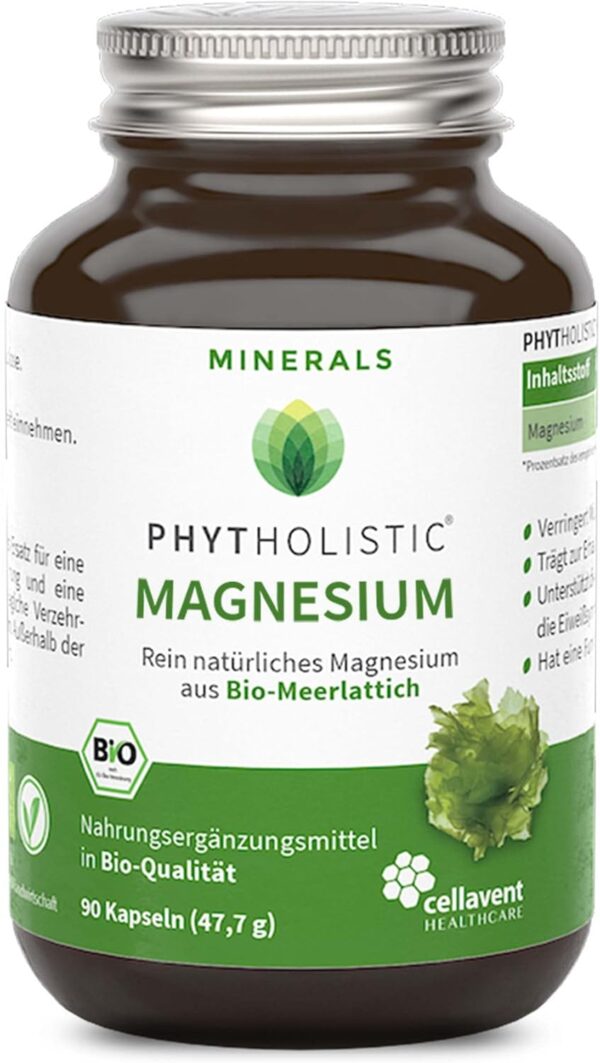 Bio Magnesium Kapseln | 100% natürlich aus Bio-Meerlattich | 337mg reines, pflanzliches Magnesium pro Tagesdosis | ohne künstliche Zusätze | Magnesium Komplex vegan | Magnesium hochdosiert im Glas