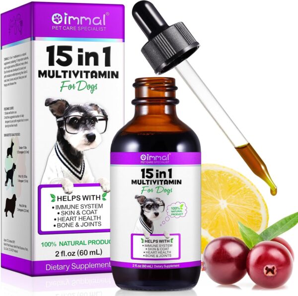 15-in-1-Multivitamintropfen für Hunde, Vitamine und Nahrungsergänzungsmittel für Hunde, natürliche Multivitamine und Mineralien– Glucosamin, MSM Hüfte und Gelenke, Immunsystem