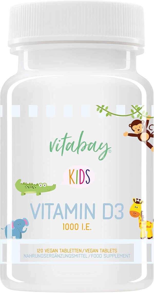 Vitabay Vitamin D3 1000 IE • 120 vegane Lutschtabletten für Kinder • Zum lutschen und kauen • natürliche Süße ohne künstliche Aromen • Made in Germany