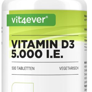 Vitamin D3 5000 I.E. Depot - 500 Tabletten - Hochdosiert - Laborgeprüft - Vegetarisch - Hohe Reinheit - 5 Tagesdosis 1000 I.E. pro Tag - Premium Qualität