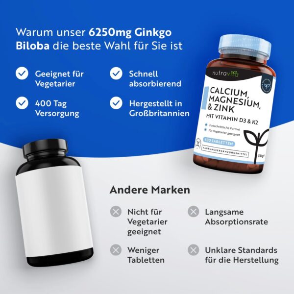 Calcium Magnesium Zink - 400 Hochdosiert vegetarische Tabletten (6 Monate) - Magnesiumoxid mit Vitamin D3, K2, Selen, Mangan - Komplex mit 600mg Kalzium pro Tagesdosis - Knochen + Muskeln - Nutravita – Bild 6