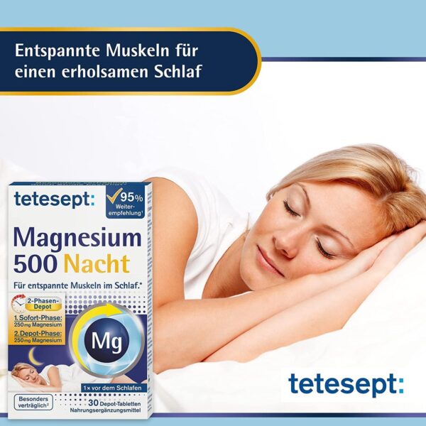 tetesept Magnesium 500 Nacht – Nahrungsergänzungsmittel mit hochdosiertem Magnesium – entspannte Muskeln im Schlaf mit Magnesium Tabletten – 1 x 30 Tabletten – Bild 3