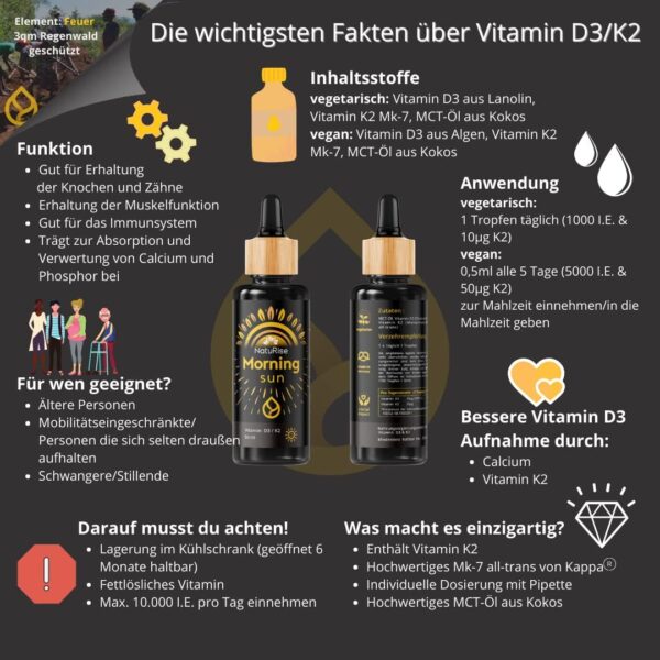 NatuRise® Vitamin D3 K2 Tropfen 50ml | Hochdosiert | Pro Tagesdosis 1000 I.E. | Geschmacksneutral | Pipette und Dosierskala | Vegetarisches & Natürliches Vitamin D | UV-Glas – Bild 3