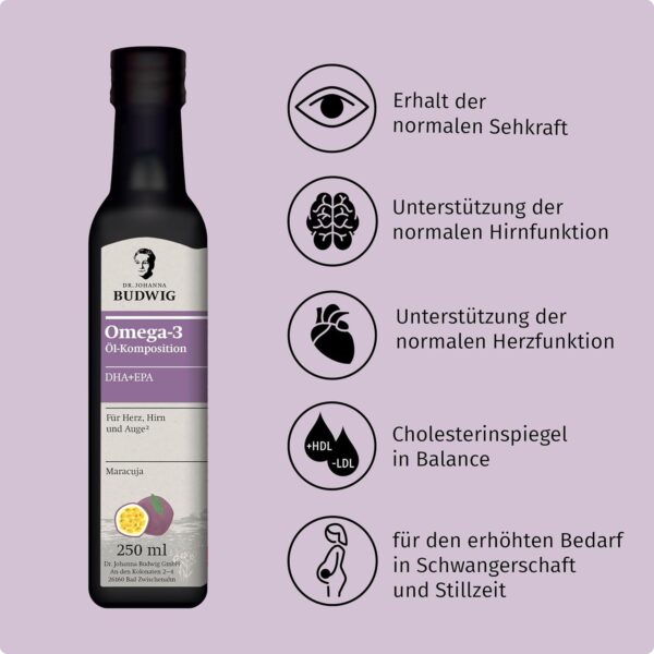 Dr. Johanna Budwig Omega 3 DHA+EPA Maracuja (250ml) - Leinöl & Omega 3 Algenöl - Omega 3 hochdosiert (EPA DHA) - Algenöl Omega 3 vegan flüssig, Omega 3 Öl, Omega 3 für Kinder – Bild 2