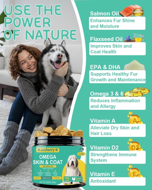 Haut und Fell für Hunde - Skin & Coat Omega 3 für Hunde- Fortschrittliche Formel für gesunde Haut und Glänzendes Fell - Reich an Lachsöl, Omega 3 & 6, Vitaminen - Geschmack Huhn – Bild 3