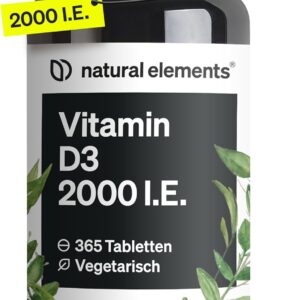 natural elements Vitamin D3 2000 I.E. – 365 Tabletten – für Knochen und Immunsystem – hochdosiert, ohne unnötige Zusätze – in Deutschland produziert & laborgeprüft