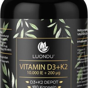 Luondu Vitamin D3 10.000 I.E + Vitamin K2 MK7 200 mcg Depot (Hochdosiert & Vegan) Vitamin D3 K2 Kapseln hochdosiert (180 Kapseln)