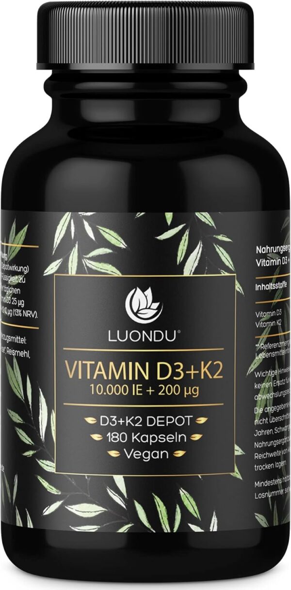 Luondu Vitamin D3 10.000 I.E + Vitamin K2 MK7 200 mcg Depot (Hochdosiert & Vegan) Vitamin D3 K2 Kapseln hochdosiert (180 Kapseln)