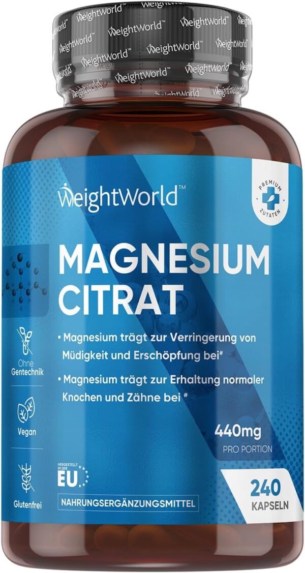 Magnesiumcitrat - 240 vegane Kapseln - 440mg Elementares Magnesium pro Portion - Magnesium trägt zur Verringerung von Müdigkeit & Erschöpfung bei (EFSA) - 4 Monate Vorrat - Glutentfrei - WeightWorld"