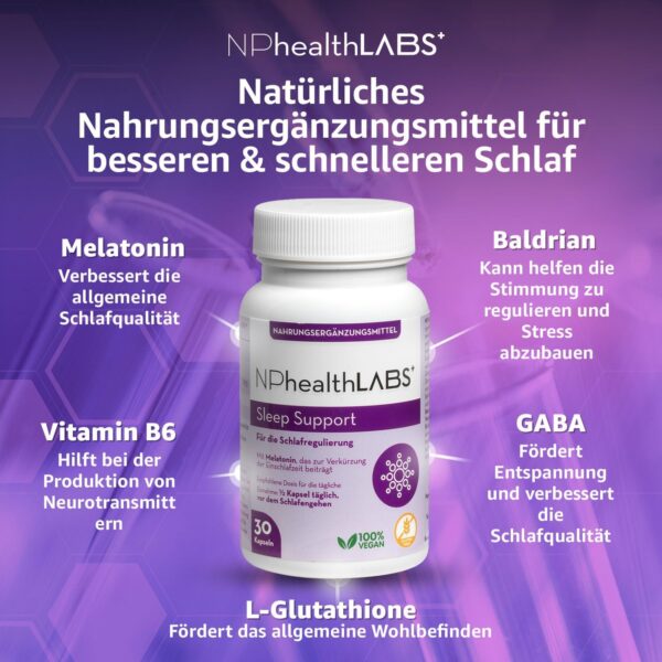 NPhealthLABS Sleep Support - 30 Vegan Kapseln mit Melatonin, Baldrian, GABA, Vitamin B6, Glutathione für besseren Schlaf – Bild 6