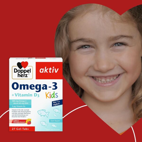 Doppelherz Omega-3 + D3 Kids - Vitamin D wird für ein gesundes Wachstum & eine gesunde Entwicklung der Knochen bei Kindern benötigt - 27 Gel-Tabs – Bild 2