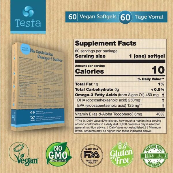 Omega 3 Vegan Algenöl – Hochdosiert 325mg DHA + 150mg EPA pro Kapsel - Nur 1 Kapsel pro Tag - Unterstützt Herz, Gehirn und Augen - Pflanzliches Omega 3 aus Algenöl - 60 Kapseln – Bild 7