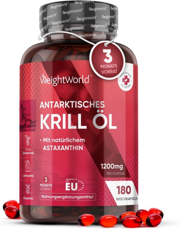 Omega 3 Krillöl Kapseln - 1200mg mit Astaxanthin & Cholin - 180 Weichkapseln für 3 Monate - EPA & DHA für Herz & Blutdruck (EFSA) - Alternative zu Fischöl & Lebertran - Antarktis Krill - WeightWorld