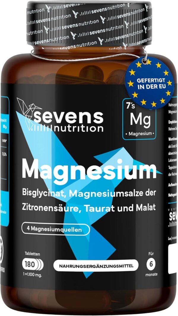 Magnesium Komplex - Premium – 4-fach Formel mit Bisglycinat, Citrat, Malat & Taurat – Hochdosiert – 180 Tabletten – Sevens
