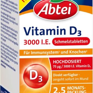 Abtei Vitamin D3 3000 I.E. - unterstützt Immunsystem und Knochen - glutenfrei, laktosefrei und vegetarisch - 75 Schmelztabletten mit Zitronengeschmack