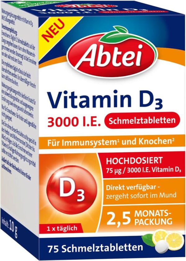 Abtei Vitamin D3 3000 I.E. - unterstützt Immunsystem und Knochen - glutenfrei, laktosefrei und vegetarisch - 75 Schmelztabletten mit Zitronengeschmack