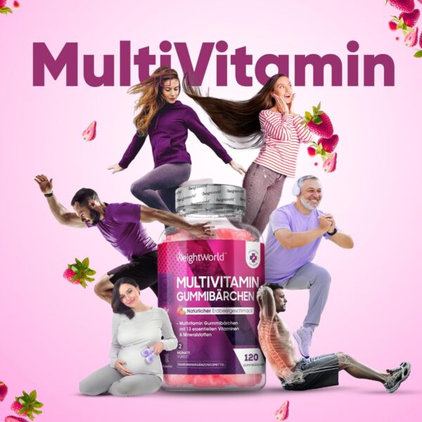 Multivitamin Gummibärchen - 120 Gummies mit 13 Vitaminen & Mineralstoffen - Für Erwachsene mit Jod, Vitamin C, A, D3, E, B9,B5, Biotin, Zink - Natürliche Zutaten & Mit Erdbeergeschmack - WeightWorld – Bild 3