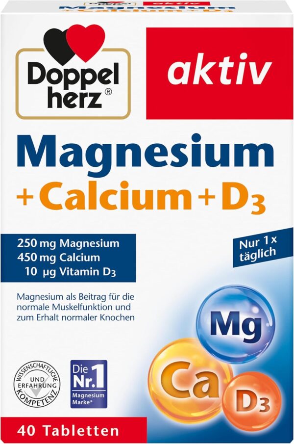 Doppelherz Magnesium + Calcium + D3 - Magnesium als Beitrag für die normale Muskelfunktion und zum Erhalt normaler Knochen - 40 Tabletten