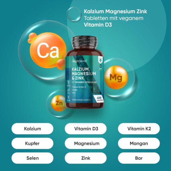 Kalzium Magnesium Zink - 400 Tabletten 1+ Jahr - Magnesium, Vitamin D3, K2, Bor, Selen, Kupfer - 500mg Calcium - Vegan - 1 Tablette Pro Tag - Glutenfrei - Alternativ zu Kapseln - WeightWorld – Bild 2
