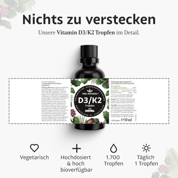 Vitamin D3/K2 Tropfen (50 ml) - 1000IE Vitamin D3 pro Tropfen - Spitzenrohstoff K2VITAL® mit 99,7% All-Trans-MK-7 - laborgeprüft, hochdosiert, ohne Zusätze, in Deutschland produziert – Bild 5