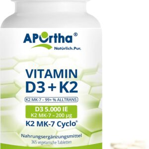 APOrtha Vitamin D3 5.000 I.E + 200 µg K2 99+% ALL-Trans, 365 vegetarische Tabletten hochdosiert u. teilbar, Premium Vitamin D und K Tablette leicht zu schlucken - Alternative zu Tropfen und Kapseln