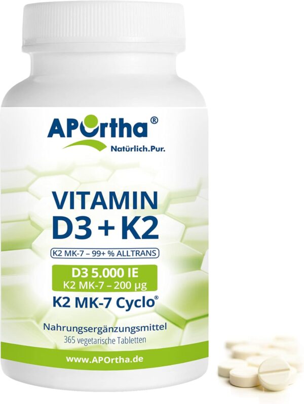 APOrtha Vitamin D3 5.000 I.E + 200 µg K2 99+% ALL-Trans, 365 vegetarische Tabletten hochdosiert u. teilbar, Premium Vitamin D und K Tablette leicht zu schlucken - Alternative zu Tropfen und Kapseln