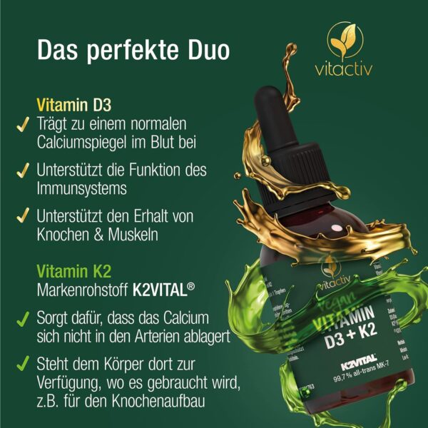 VITACTIV Vitamin D3 K2 Tropfen - K2VITAL® 99,7% all-trans MK-7 - D3 pro Tropfen 1000 IE, Hochdosiert, Hoch Bioverfügbar - Aus Deutschland, Laborgeprüft, Vegan - 50ml, 1700 Tropfen – Bild 5