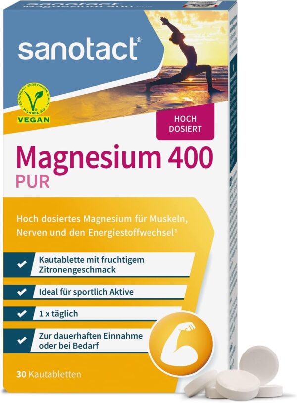 sanotact Magnesium 400 (30 Kautabletten) • Magnesium hochdosiert für Muskeln & Nerven • 400mg Magnesium mit Sofortwirkung • 100% Vegan • Magnesiumcarbonat & Magnesiumoxid