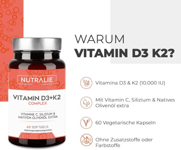 Vitamin D3 + K2 Hochdosiert - 10.000 IE Vitamin D3-99,7+% All-Trans MK7 (K2VITAL®) - Mit Vit D3 + K2 + Silizium & Olivenöl - 60 Softgels - Laborgeprüft - Nutralie – Bild 3