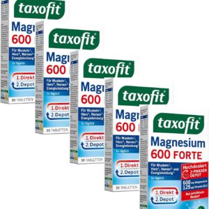 taxofit Magnesium 600 Forte | 5 x30 Tabletten hochdosiertes Magnesium 600mg + Vitamin B1+B6+B12 | Magnesiumoxid & Magnesiumcarbonat | für Muskeln¹, Herz² & Energie⁴ | Magnesium Versorgung für 30 Tage