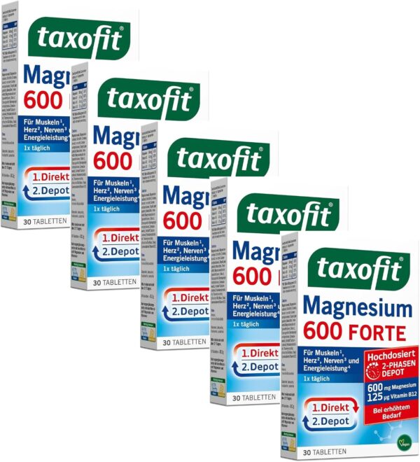 taxofit Magnesium 600 Forte | 5 x30 Tabletten hochdosiertes Magnesium 600mg + Vitamin B1+B6+B12 | Magnesiumoxid & Magnesiumcarbonat | für Muskeln¹, Herz² & Energie⁴ | Magnesium Versorgung für 30 Tage