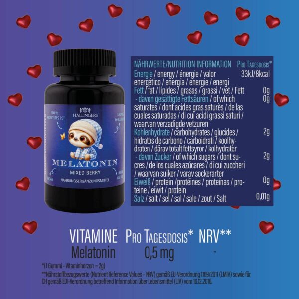 Hallingers Melatonin Kinder - Vitaminherzen Mixed Berry 60 vegane Gummies mit Melatonin hochdosiert, 0,5 mg pro Herz (Dose) - Ostergeschenke Osterkörbchen Ostereier & als Osterdeko | Geburtstag Glückw – Bild 2