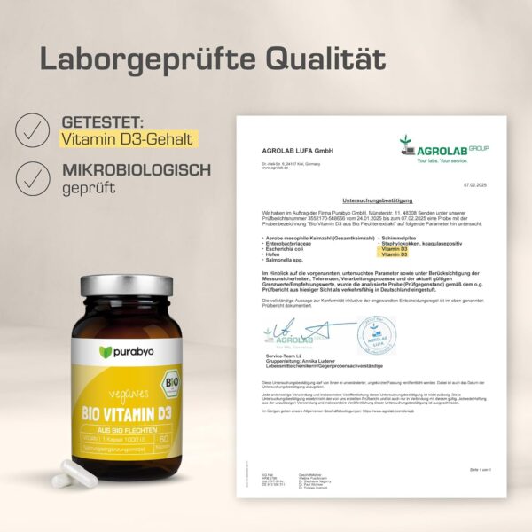 Bio Vitamin D3 Kapseln vegan | Bio Vitamin D3 vegan | aus Flechtenextrakt aus kontrolliert-biologischem Anbau | im Glas | 1 Kapsel = 25 µg = 1000 I.E. | 2-Monatsversorgung | laborgeprüft – Bild 5