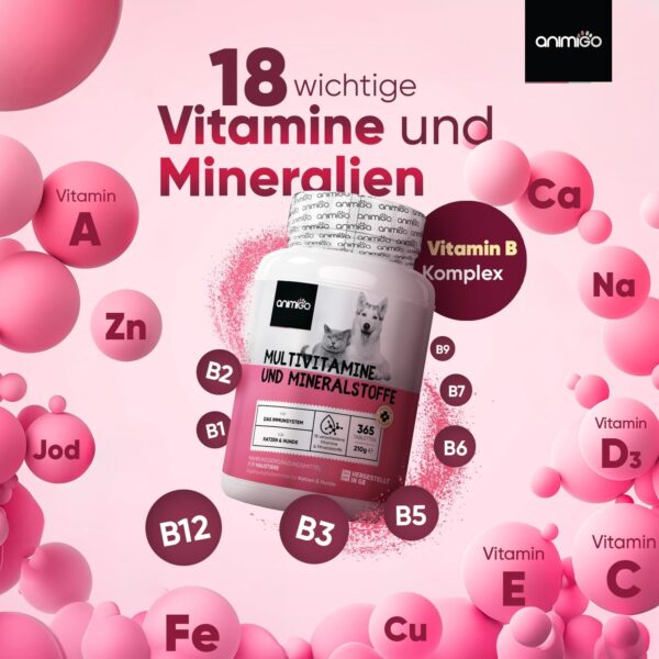 animigo Vitamine für Hunde & Katzen - 365 Multivitamin Tabletten - Mit Vitamin B Komplex (B1, B2, B3, B5, B6, Biotin, B9, B12), C & D3-18 Mineralien & Vitamine - Für Gelenke, Immunsystem, Knochen – Bild 5