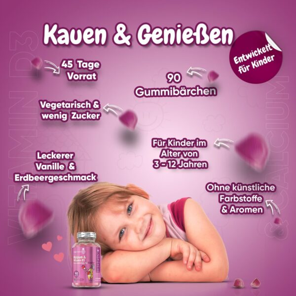 Calcium & Vitamin D3 Gummibärchen für Kinder - 90 vegetarische Gummies - 320 mg Kalzium & 800 IE Vitamin D3 - Für Immunsystem, Stoffwechsel & Knochen (EFSA) - Erdbeere & Vanille Geschmack - maxmedix – Bild 3