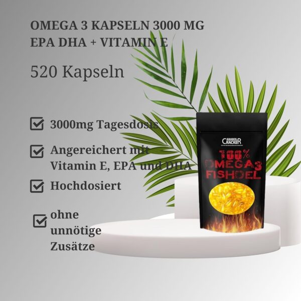 520 Omega 3 Kapseln, hochdosiert 3000 mg Tagesdosis mit EPA DHA + Vitamin E Essentielle Omega Fettsäuren – Bild 2