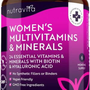 Multivitamine & Mineralien für Frauen - 24 essentielle aktive Vitamine & Mineralien mit zusätzlicher Hyaluronsäure - 180 vegane Tabletten - keine synthetischen Füllstoffe oder Bindemittel - Nutravita